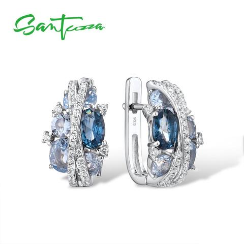 SANTUZZA Silver Earrings For Women Authentic 925 Sterling Silver Shimmering Blue Cubic Zirconia Glamorous серьги Fine Jewelry ► Photo 1/6
