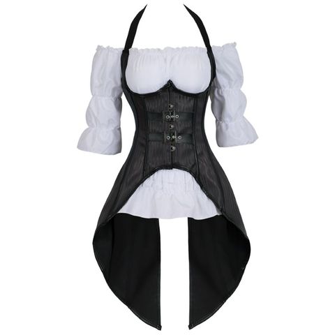Steampunk Corset Striped Long Straps Bustier Vest Top with White Gothic Blouse Plus Size Burlesque Costume Two Pieces Korsett ► Photo 1/5