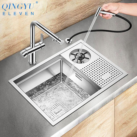 QINGYU ELEVEN 304 Stainless Steel 4mm Thickness Handmade Brushed Sink High Pressure Cup Washer Bar Counter kitchen Sink ► Photo 1/6