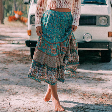 Jastie Vintage Floral Print Skirt Casual Drawstring Elastic Waist Midi Skirt Boho Hippie Chic Beach Skirts mujer faldas Bottom ► Photo 1/6