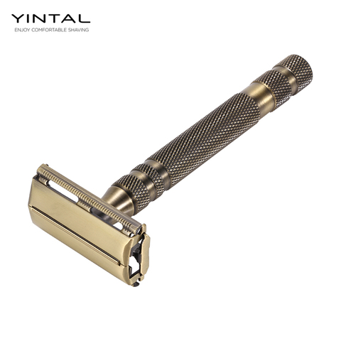 YINTAL New 100% Brass Men's Double-sided Manual Razor Long Non-slip Handle Butterfly Quick blade replacement ► Photo 1/6