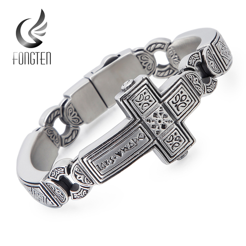 Fongten Cross Charms Vintage Metal Bangle Stainless Steel Heavy Mens Retro Punk Bracelets Cool Male Jewelry Armband ► Photo 1/6