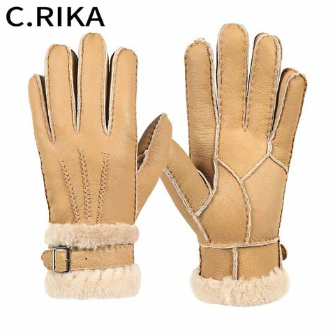 100% Sheepskin Genuine Leather Gloves Fashion Men Women Winter Autumn Warm Fleece Snow Mittens Outdoor Five Finger Wrist Gloves ► Photo 1/6
