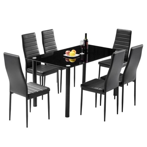 Dining Table Set Simple Round Tube Table Leg Table + 6pcs Elegant Stripping Texture High Backrest Dining Chairs Black[US-Stock] ► Photo 1/6