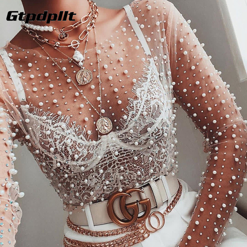 Gtpdpllt Sexy See Through T Shirt Women Mesh Patchwork Diamonds pearl Slim t-shirts Elegant Crop Tops Female 2022 Spring Clothes ► Photo 1/6