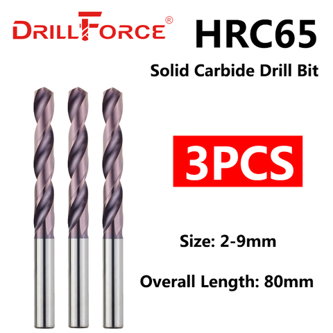 Drillforce 3PCS 2mm-9mmx80mm OAL HRC65 Solid Carbide Drill Bits Set, Spiral Flute Twist Drill Bit For Hard Alloy Stainless Tools ► Photo 1/6