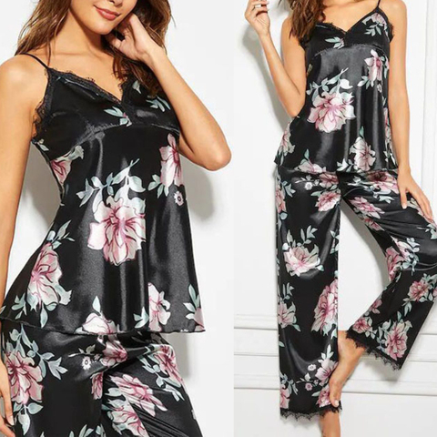 New Women Satin Sleepwear Suit Spring Lace Trim Pajama Pyjama Set Print Floral Nightwear Casual Home Wear Lingerie Suit S-XL ► Photo 1/6