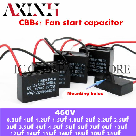 CBB61 fan start capacitor 0.8uf/1uf/1.2uf/1.5uf/1.8uf/2.5uf/3uf/3.5uf/4.5uf/6uf/7uf/8uf/10UF/12uf/15uf/16uf/18uf/20uf/25uf 450V ► Photo 1/3