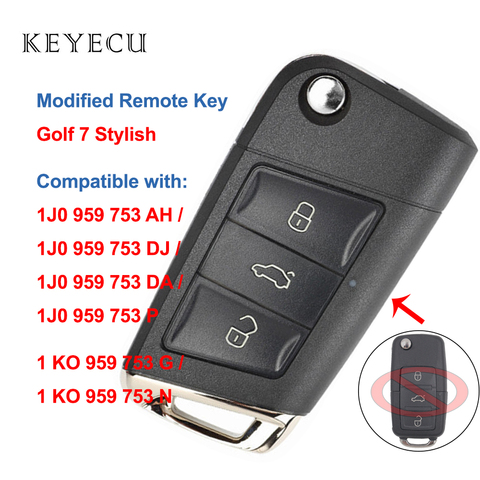 Keyecu 3 Buttons New Golf 7 Stylish Remote Key for Volkswagen for Skoda for Seat 1J0 959 753 AH/ DJ/ DA/ P, 1KO 959 753 G / N ► Photo 1/6