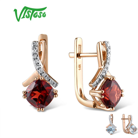 VISTOSO Gold Earring For Women Genuine 14K 585 Rose Gold Radiant Garnet Sparkling Diamond Earring Engagement  Wedding Jewelry ► Photo 1/6