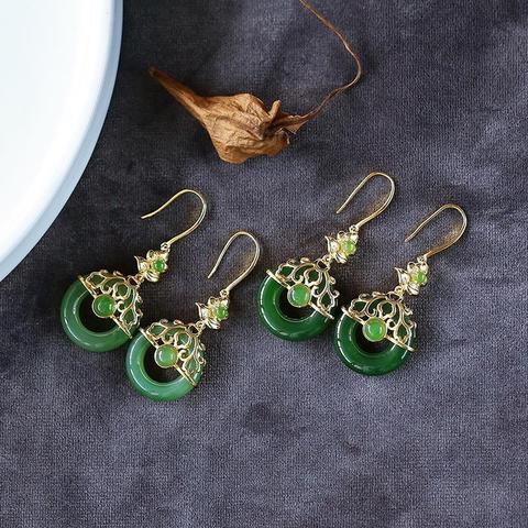 Natural Hetian jade Jasper Earrings Chinese retro court style designer craft original charm women's brand silver jewelry ► Photo 1/6