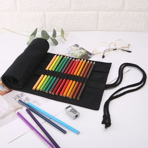 Black Color School Pencil Case Roller 12/24/36/48/72 Holes Canvas Roll Up Makeup Canvas Pen Bag For Girls Boys Stationery ► Photo 1/6