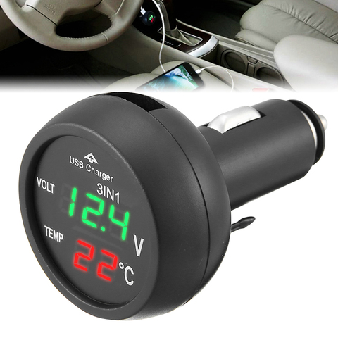 3 in 1 Digital LED Car Voltmeter Thermometer Auto USB Charger 12V/24V Temperature Meter Voltmeter Cigarette Lighter Accessories ► Photo 1/6