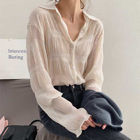 Chiffon Blouse Women Long Sleeve Korean Shirt 2022 New Fashion Loose  Elegant Temperament White Top