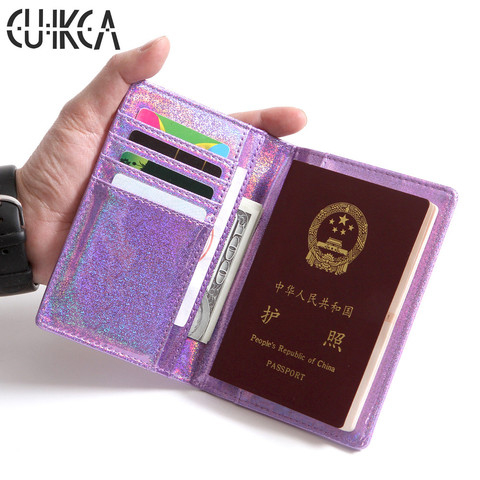 CUIKCA Passport Package Cover Flash Sequins Shine Glitter Leather Wallet ID Card Cases Holders Passport Bag Air Ticket Holder ► Photo 1/6