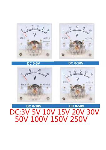 91C4-V DC3V 5V 10V 15V 20V 30V DC 0-50V 100V 150V 250V Pointer DC Analog Panel Voltage Gauge Volt Meter  2.5% Error Margin ► Photo 1/6