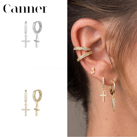925 Sterling Silver Geometric Cross Zircon Hoop Earrings for Women Gold Silver color CZ Zircon Lighting Earrings Fashion Jewelry ► Photo 1/6