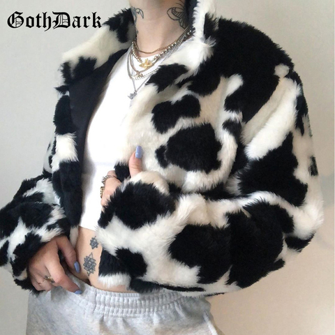 Goth Dark Punk Style Gothic Crop Faux Fur Coats Fashion Color Blocking Long Sleeve Women Cardigan Jackets Warm Streetwear 2022 ► Photo 1/6