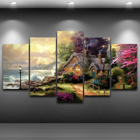 5 Panel Seashore Cottage Classic Oil Painting HD Print Canvas Wall Art Modular Picture Modern Frame For Living Room Decor ► Photo 1/6