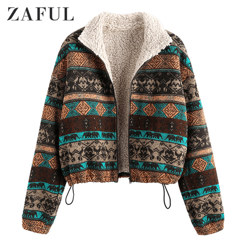 ZAFUL Tribal Print Plaid Faux Fur Lined Jacket Women High Waist Hoodies Sweatshirts Autumn Spring Vintage Jackets Coats Outwear ► Photo 1/6