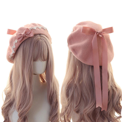 Lolita Girls Cute Bowkont Beanie Women Casual Beret Hat Painter Hat Unisex Artist Cap Dome Pink solid color decorate Wholesale ► Photo 1/6