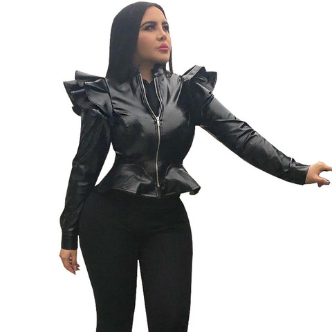 Black Faux Leather Bomber Jacket Women Long Sleeve Zipper Ruffle Shrug Motorcycle Jackets Slim Short Coats and Jackets Outerwear ► Photo 1/6