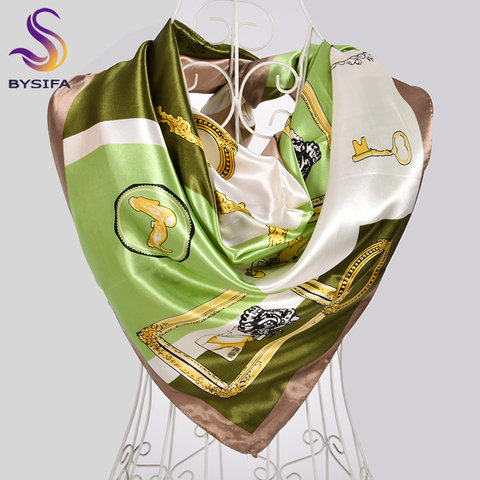 [BYSIFA] Ladies Green Coffee Square Scarves Printed Women Elegant Satin Large Silk Scarf Shawl 90*90cm Winter Neck Head Scarf ► Photo 1/5