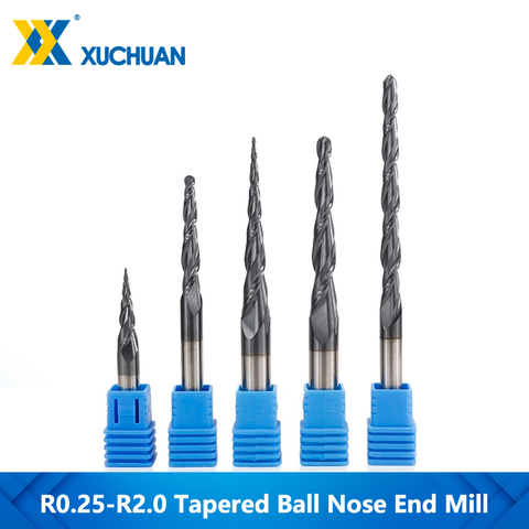 1pc TiAIN Coated R0.25/0.5/0.75/1.0/1.5/2.0 2 Flute Tapered Ball Nose End Mill Carbide Wood Engraving Bit CNC End Milling Cutter ► Photo 1/6