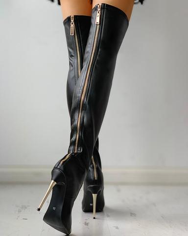 Zipper Knee-High Thin Heel Boots black solid color over  knee high long boots ► Photo 1/5