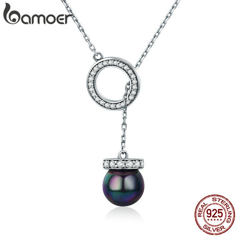 BAMOER 100% 925 Sterling Silver Circle Black Shell Pearl Elegant Long Chain Women Pendant Necklace Silver Jewelry SCN200 ► Photo 1/6