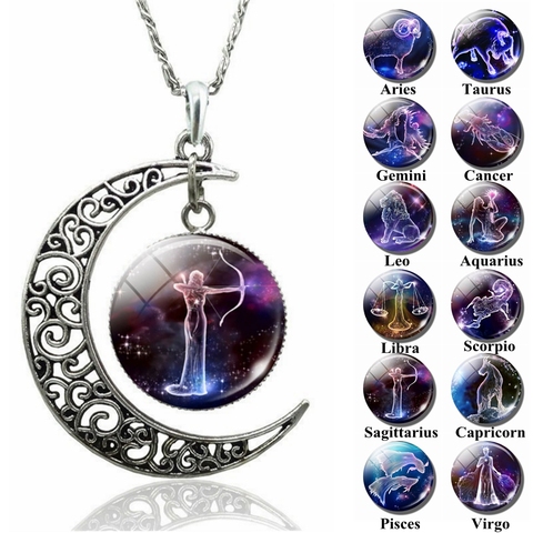 12 Constellation Necklace Zodiac Signs Cabochon Glass Crescent Moon Pendant Clavicle chain Necklace Birthday Gifts for Women ► Photo 1/5