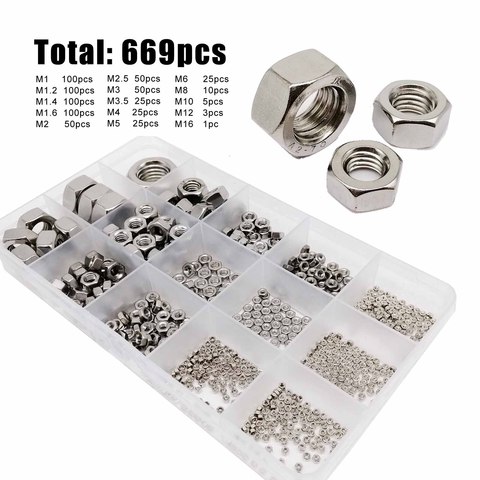 669pcs M1 M1.2 M1.4 M1.6 M2 M2.5 M3 M3.5 M4 M5 M6 M8 M10 M12M16 304 A2 Stainless Steel DIN934 Hex Hexagon Nut Set Assortment Kit ► Photo 1/1