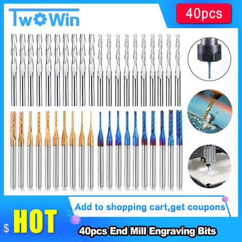 40pcs End Mill Engraving Bits Set Nano Blue Coat CNC Router Bits Cutting Milling Cutter 1/8