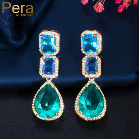 Pera Brand Fashion Square and Water Drop Blue Green CZ Crystal Indian Gold Long Dangle Earrings for Ladies Party Jewelry E586 ► Photo 1/6