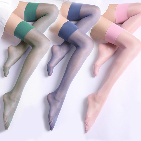 8 Colors Women Sexy Thigh High Stockings 12D Ultra Thin Transparent Pantyhose Oil Glossy Patchwork Nylon Stockings Medias ► Photo 1/6