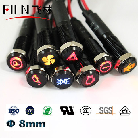 FILN 8mm black housing led red yellow white blue green 12v led indicator light with 20cm cable ► Photo 1/6