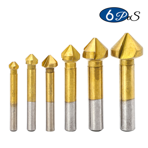 NINDEJIN 6pcs 90 degree 3 flute HSS countersink drill bit titanium coated 6.3-20.5mm chamfer cutter drill bits set for board ► Photo 1/5