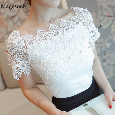 Fashion Elegant  Hollow Out  Casual Women Top Women Short Sleeve White Blouse Ladies Blouses Sexy Women Lace Stitching Shirt 80F ► Photo 1/6
