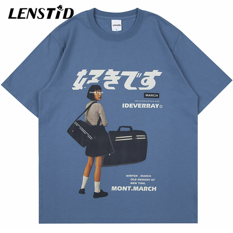 LENSTID Summer Men Short Sleeve Tshirt Hip Hop Japanese Girl Print T-Shirt 2022 Streetwear Harajuku Casual Cotton Loose Top Tees ► Photo 1/6