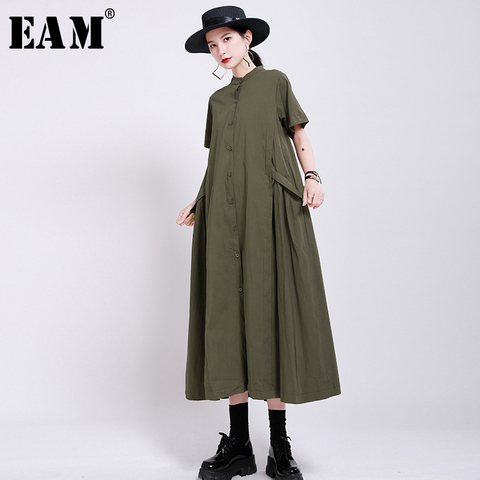 [EAM] Women Army Green Pleated Long Shirt Dress New Stand Collar Short Sleeve Loose Fit Fashion Tide Spring Autumn 2022 1X937 ► Photo 1/6