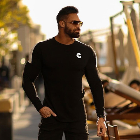 Casual Slim Long sleeves t shirt Men Gym Fitness Bodybuilding Cotton T-shirt Male Jogger Workout Black Tees Tops Fashion Clothes ► Photo 1/6