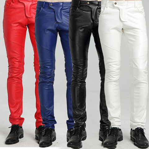 Idopy Quality PU Winter Line Sexy Red Slim Tight Male Pant Men