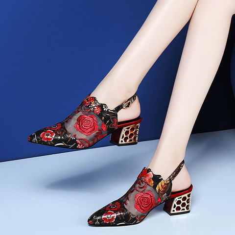 2022 High Heels Sandals Woman Mesh Summer Shoes Women Pumps Pointed toe Ankle Buckle Strap Ethnic Embroidery Flower Handmade ► Photo 1/6