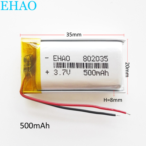 3.7V 500mAh 802035 Lithium Polymer LiPo Rechargeable Battery For Mp3 GPS PAD DVD E-book bluetooth headset smart watch ► Photo 1/6