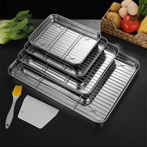 Rectangle Food Storage Trays BBQ Grid Bakeware Stainless Steel Baking Pan Steamed Sausage Fruit Pastry Plates Kitchen Utensils ► Photo 1/6