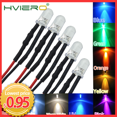 5X F5 5mm Round 20cm Pre Wired DC 12V LED Lamp Light Bulb White Red Blue Green Yellow White Warm White Diode Emitting Diodes LED ► Photo 1/6