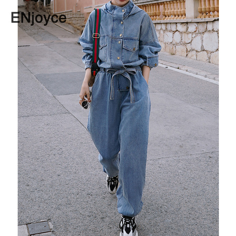 Women 2022 High Street Denim Hoodies Jumpsuits Female Spring Fall Ankle-length Handsome Long Sleeve Loose Cargo Jeans Playsuit ► Photo 1/6