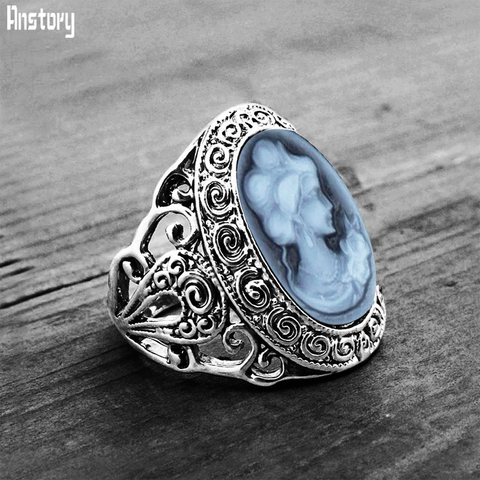 Vintage Oval Lady Cameo Rings Antique Silver Plated Flower Plant Fashion Cameo Women Ring ► Photo 1/6