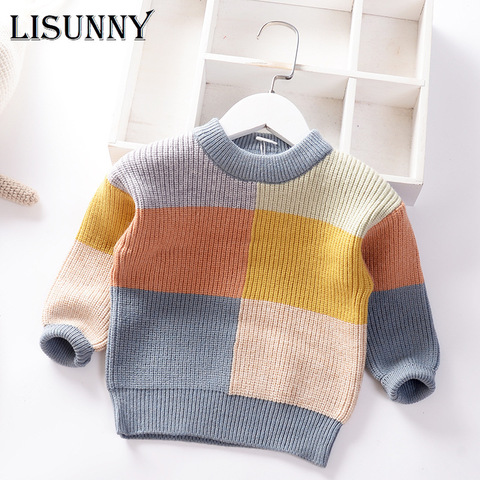 Autumn Winter 2022 New Baby Boys Sweater Children Knitted Clothes Kids Pullover Jumper Toddler Sweater Plaid Color Matching ► Photo 1/6