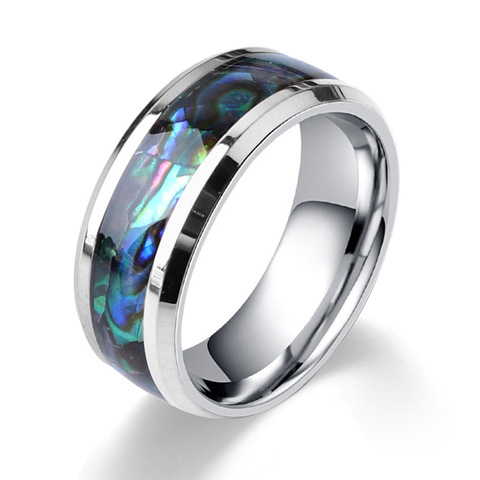 Fine jewelry 8 Mm inlaid Abalone Shell beveled steel Tungsten Carbide Ring Wedding jewelry Valentine gift ► Photo 1/5